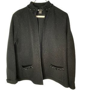 Carole Little black wool open cardigan jacket with beaded detail L